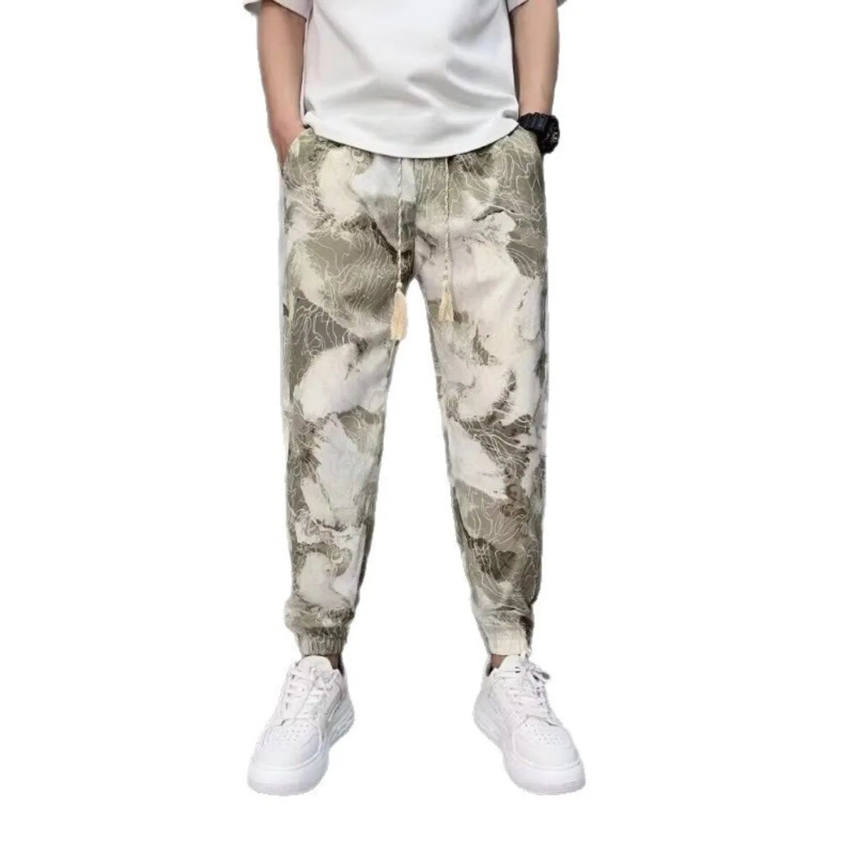New Fashion  Spring Summer Men's  Straight Casual Pants Fashion Pocket Drawstring Guofeng Printing Breathable  Sports Trousers