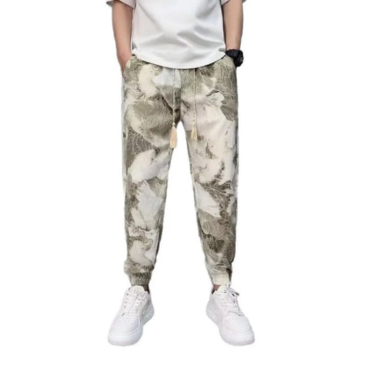New Fashion  Spring Summer Men's  Straight Casual Pants Fashion Pocket Drawstring Guofeng Printing Breathable  Sports Trousers