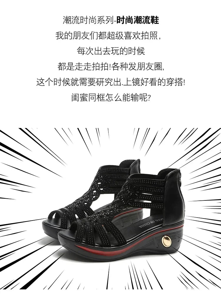 2024 New Fashion Wedge Sandals Women Summer Shoes Elegant Ladies Rome Hollow Out Sandals Female Sandalias Black Wedge Heels