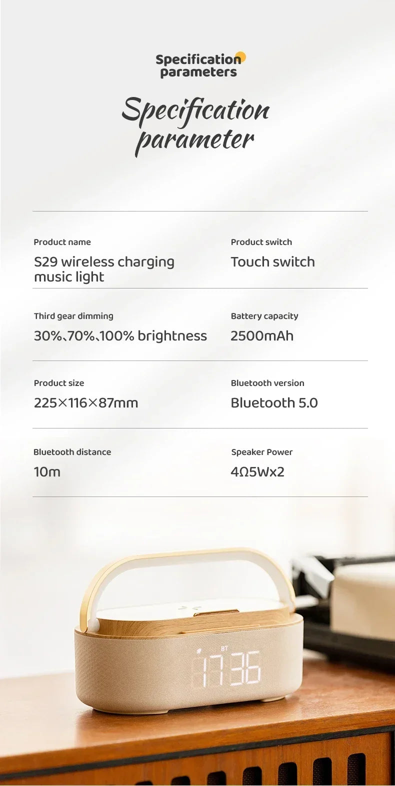 مكبر صوت بلوتوث 2500 مللي أمبير في الساعة يدعم الشحن اللاسلكي 15 وات وشاشة ساعة رقمية وساعة منبه بإضاءة ليلية وستيريو بلوتوث