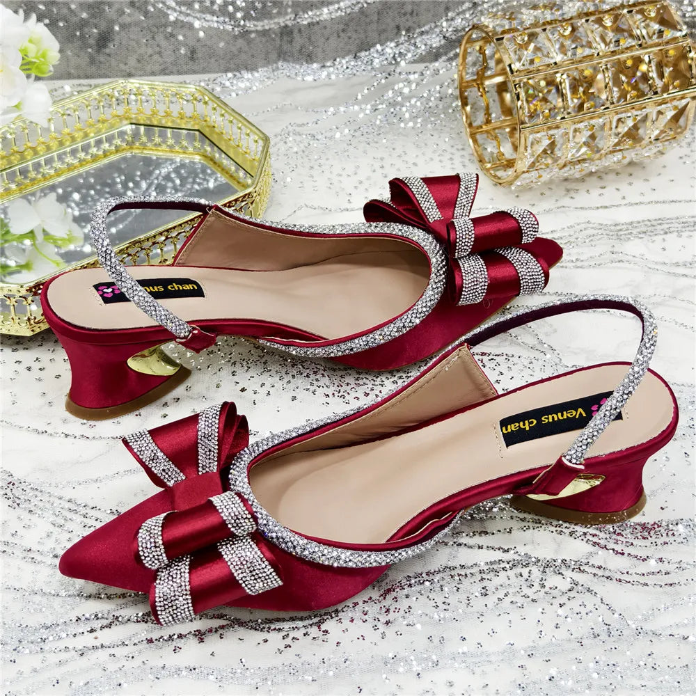 مجموعة أحذية وحقائب يد مدببة بمقدمة مدببة باللون الأخضر الزيتوني، أحذية بكعب متوسط ​​للنساء، مطرزة بأحجار الراين بتصميم إيطالي