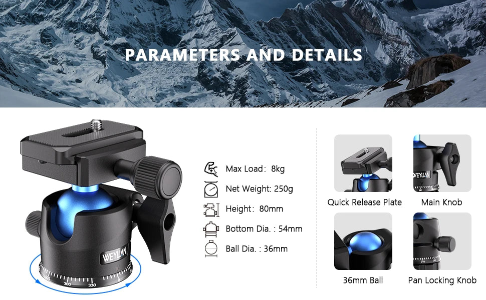 حامل ثلاثي خفيف الوزن Weyllan EP5 مصنوع من سبائك الألومنيوم وحامل ثلاثي محمول برأس كروي وحامل إضاءة للتصوير الفوتوغرافي للكاميرا