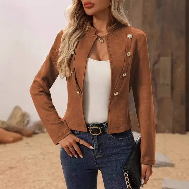 Women's Fashion Stand Neck Long Sleeve Jacket Short Coat Ladies Casual Solid Slim Double-breasted Blazer Elegant Lady Jackets SwiftNest