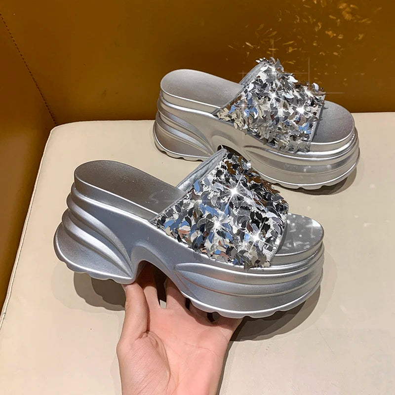 Aphixta Platform Sequined Cloth Sandals Slippers Women 8CM High Wedge Slides Women Shoes Gold Beach Slides Shoes