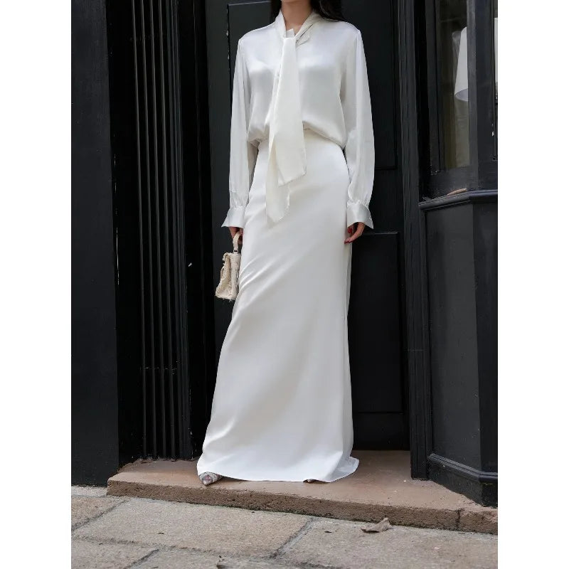 Women's Fashion Trend Sexy Goddess Level Satin Silk Feeling Floor Dragging White Fishtail Skirt Half Skirt Long Sleeved Silk Top