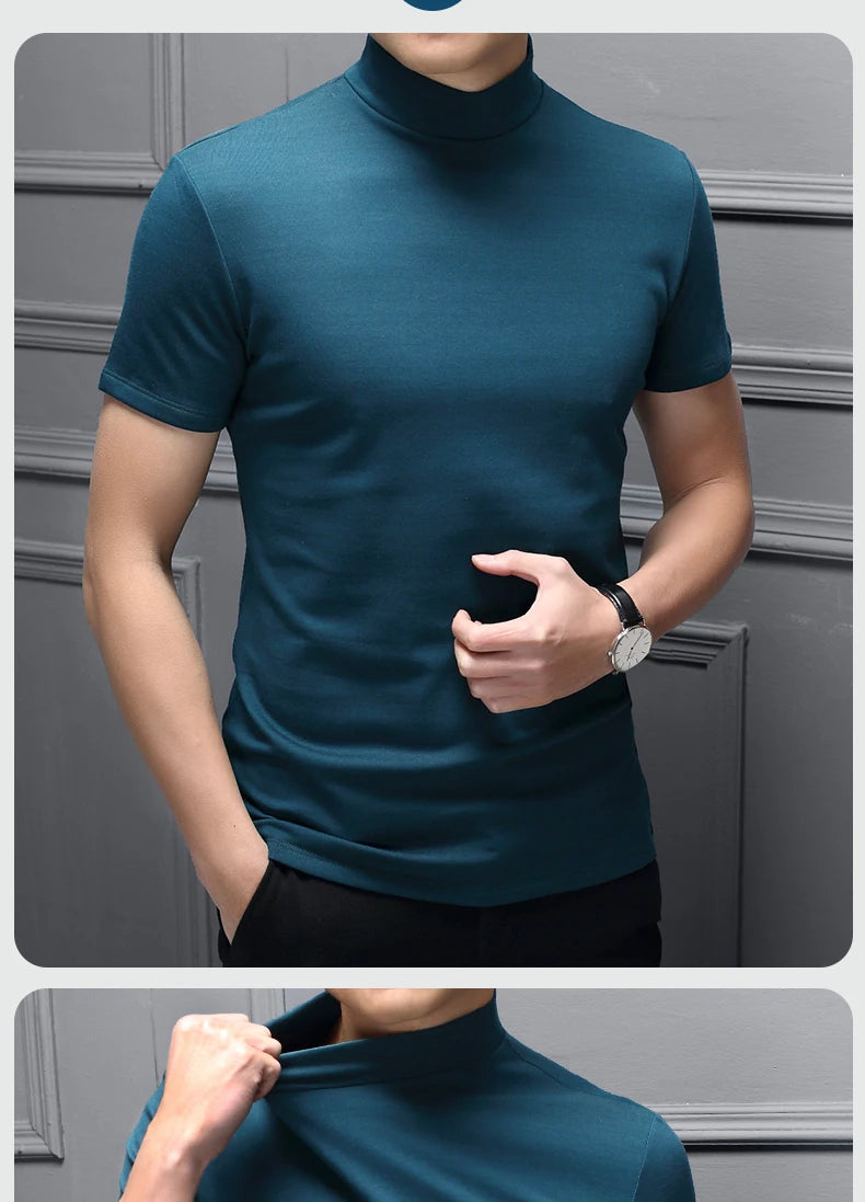 Mens Fashion T-shirt Mock Turtleneck Solid Knit Pullover Sweater Short Sleeve Casual Solid Color Dating Slim Fit Tops Undershirt