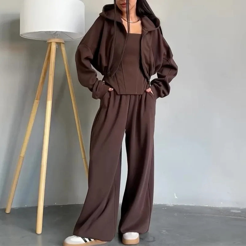 Women's clothing 2025 autumn new fashion hooded sweatshirt jacket vest wide leg pants three piece set
