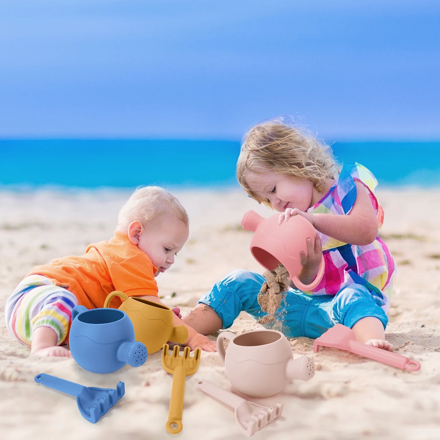 Baby Beach Toys Children Outdoor Games Sand Play Set Infants Digging Sand Silicone Rake Watering Pot Play Beach Toys for Kids
