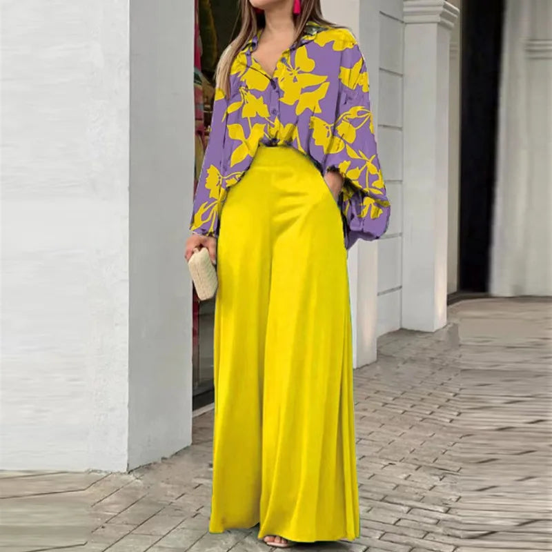 Fashion Casual Set Women 2024 Tops Shirt Elegant Wide Leg Pants Set Sense Of Design Printed Bell Sleeve Shirt Wide Leg Pants SwiftNest