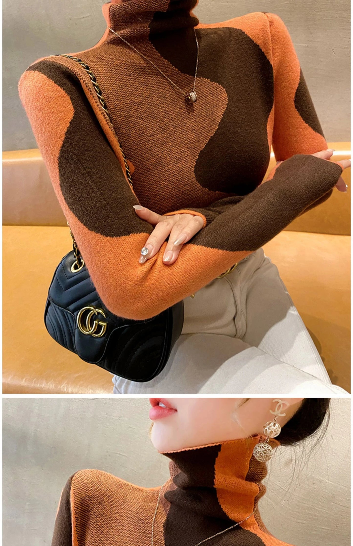 Women Clothing Vintage Fashion Slim Turtleneck Sweaters Autumn Winter Elegant Chic Patchwork Knit Pullovers Office Lady Tops