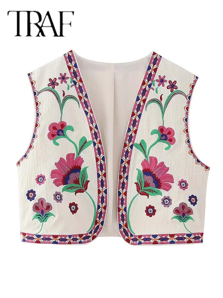 2025 Women Fashion Floral Embroidery Vest Vintage Sleeveless Waistcoat Ouertwear Female Streetwear Chic Vests Tops