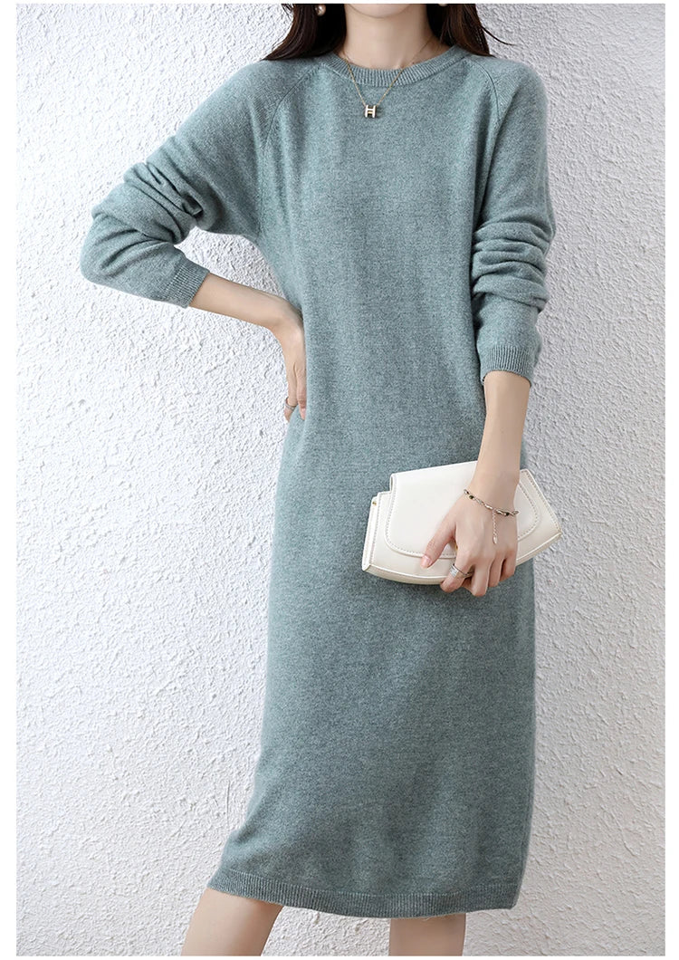 2022 Autumn Winter New Women Fashion Dress 100% Wool Warm Sweater Dress Long Sleeve Knitted Pullover Female Casual Dresses SwiftNest