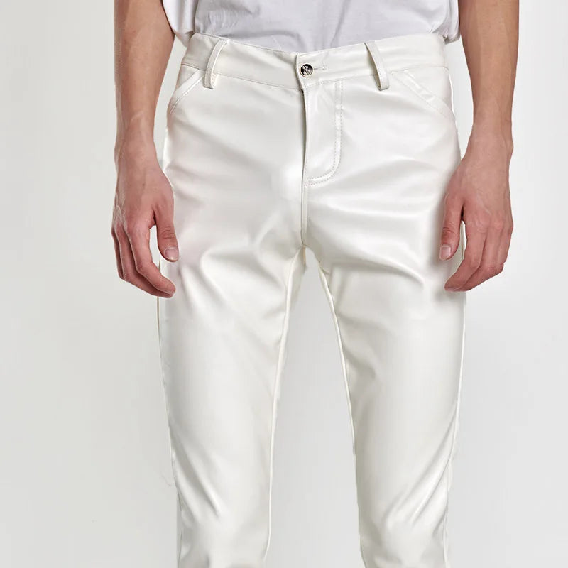 بنطلون رجالي من الجلد الصناعي بتصميم روك ستايل، بنطلون مناسب للرقص في النوادي الليلية، بنطلون رجالي ضيق من الجلد الصناعي مناسب للدراجات النارية