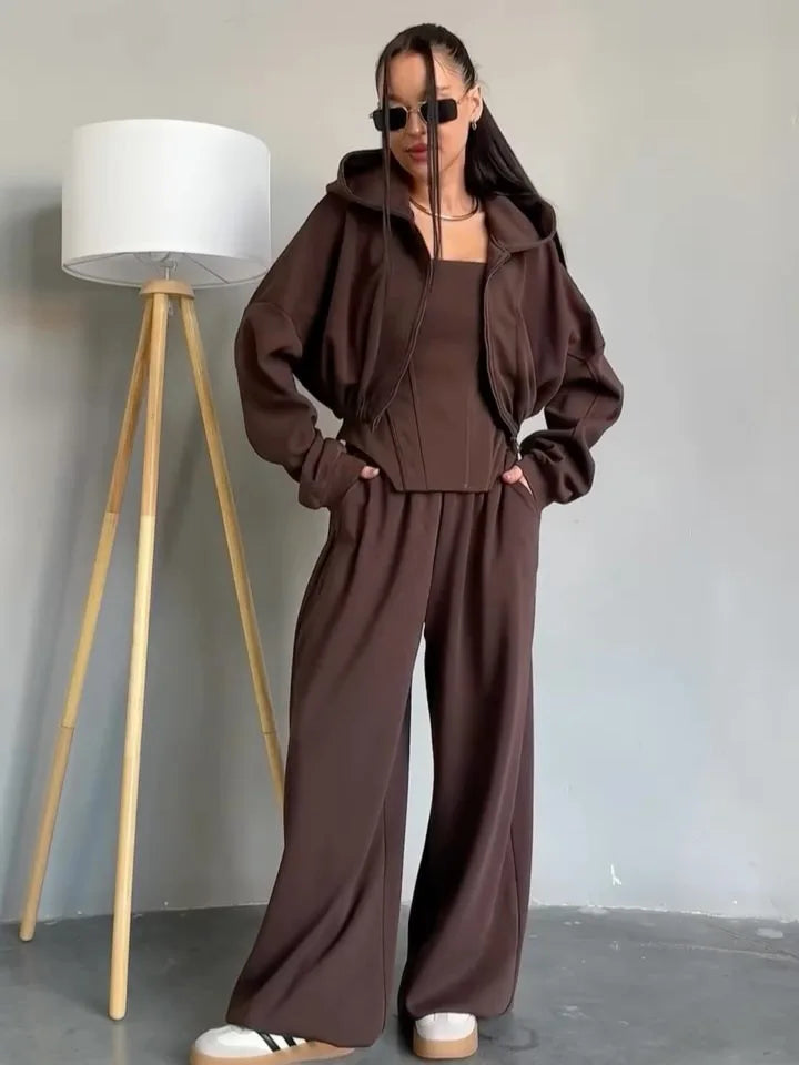 Women's clothing 2025 autumn new fashion hooded sweatshirt jacket vest wide leg pants three piece set