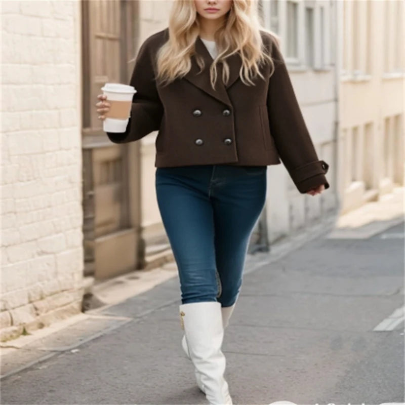 2025 Autumn Women's Urban Fashion Classic Dark Brown Double-Breasted Short Coat