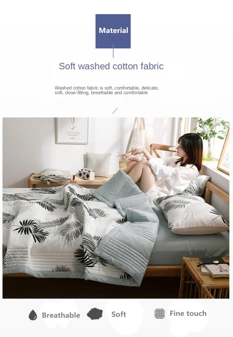 لحاف صيفي من القطن المغسول، لحاف مكيف للهواء، بطانية ناعمة وجيدة التهوية، مفرش سرير مطبوع عليه أوراق رقيقة، غطاء سرير، منسوجات منزلية
