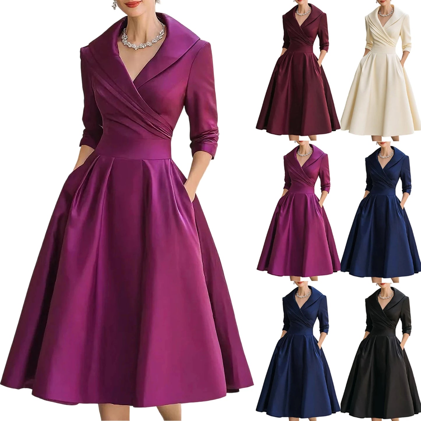 Women's Casual Fashion V-neck Retro Dress Elegant Waist Slimming Long-sleeved Party Dress Solid Color High Waist Commute Dress