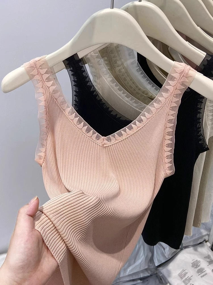 Women Summer Fashion Thin Knitted Undershirt Sleeveless Pullover Corset Top Half High Neck Comfortable Breathable Lace Tank Top SwiftNest