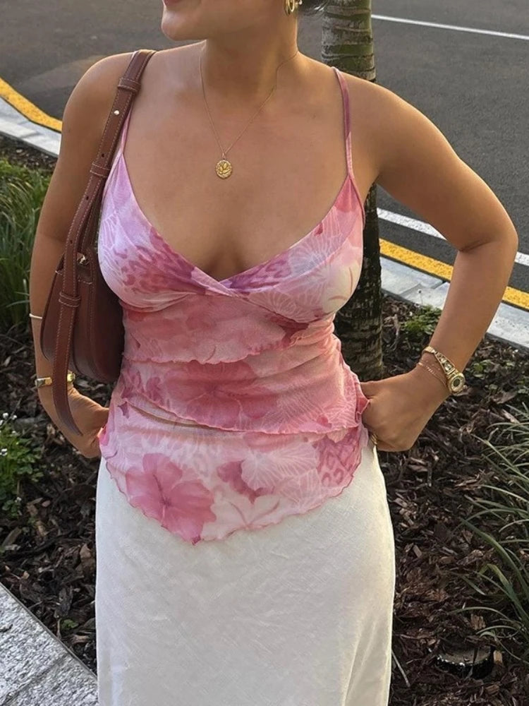 Floral Print Sexy Tops For Women Fashion Edgy Clothes Y2k Accessories Spaghetti Strap Crop Top Chiffon Camison Verano Ropa Mujer SwiftNest