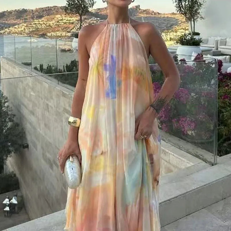 Women Fashion Pattern Print Loose Bohemian Dress Sexy Backless Hollow Party Dress Elegant Halter Sleeveless Vacation Long Dress