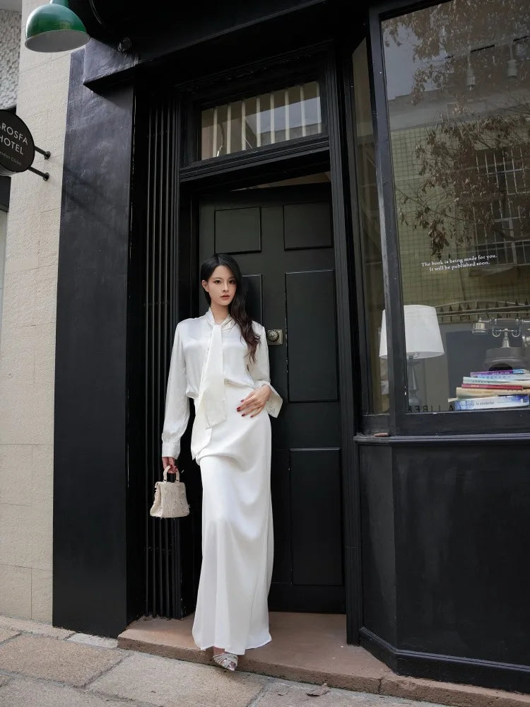 Women's Fashion Trend Sexy Goddess Level Satin Silk Feeling Floor Dragging White Fishtail Skirt Half Skirt Long Sleeved Silk Top