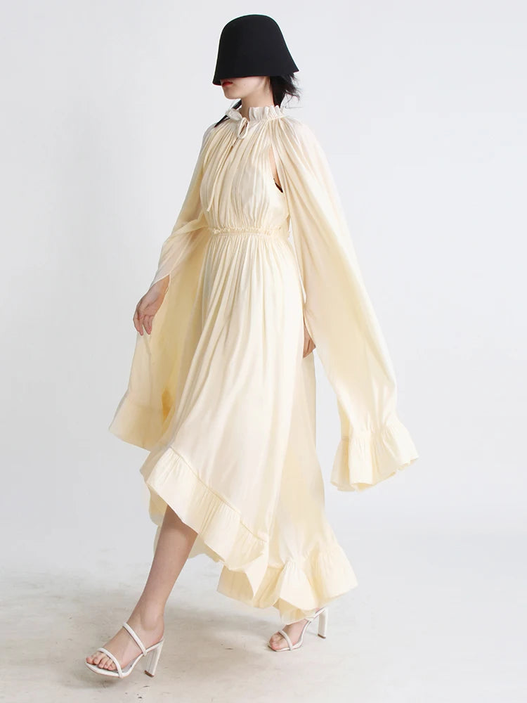 TWOTWINSTYLE Minimalist Dresses For Women V Neck Cloak Sleeve High Waist Ruffles Irregular Summer Dress Female Fashion Clothing