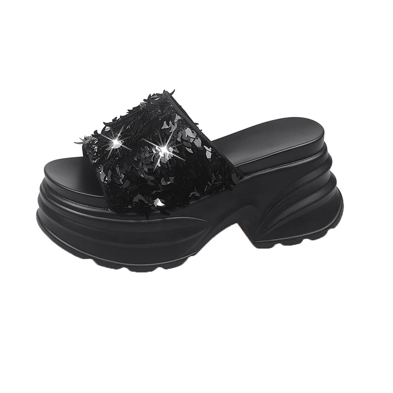 Aphixta Platform Sequined Cloth Sandals Slippers Women 8CM High Wedge Slides Women Shoes Gold Beach Slides Shoes
