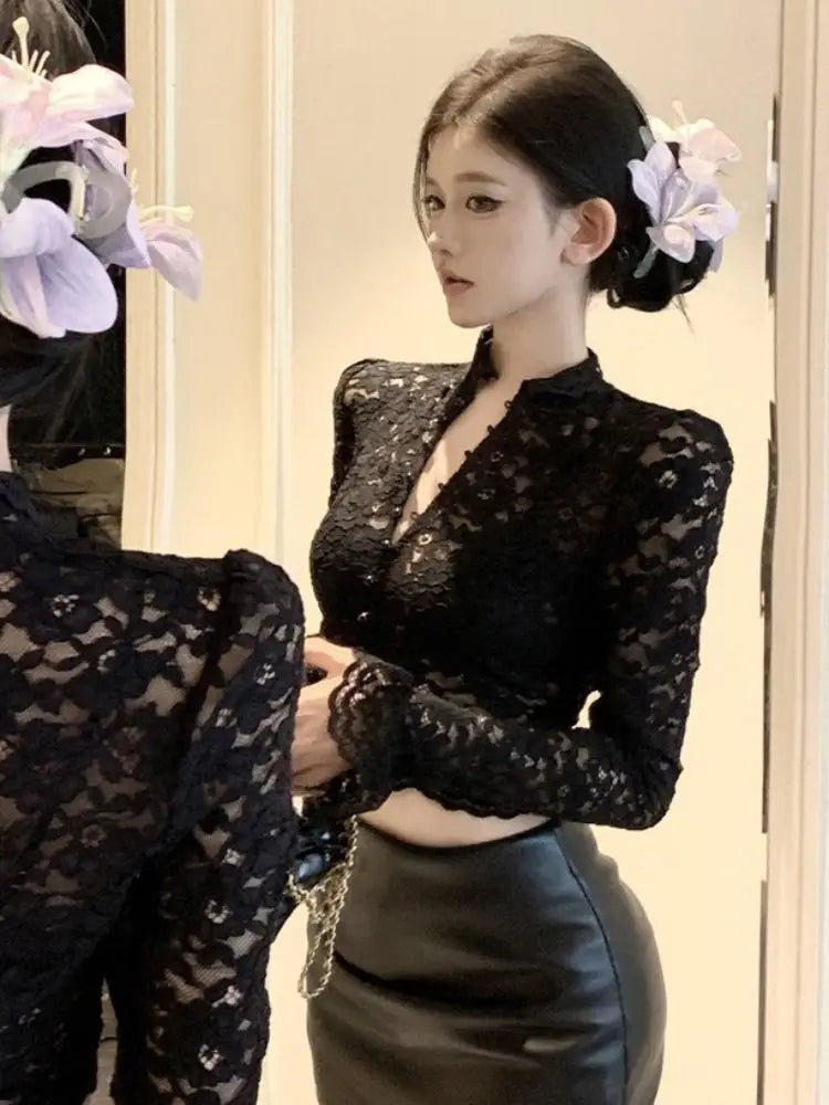 Women Clothing Spring Autumn Fashion Simplicity Trend Lace Button Solid Color Ladies Pure Desire Wind Bottoming Shirt Cardigan