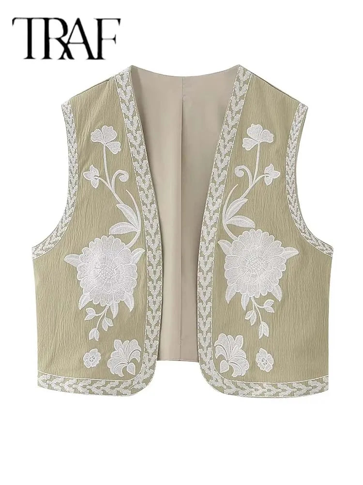 2025 Women Fashion Floral Embroidery Vest Vintage Sleeveless Waistcoat Ouertwear Female Streetwear Chic Vests Tops
