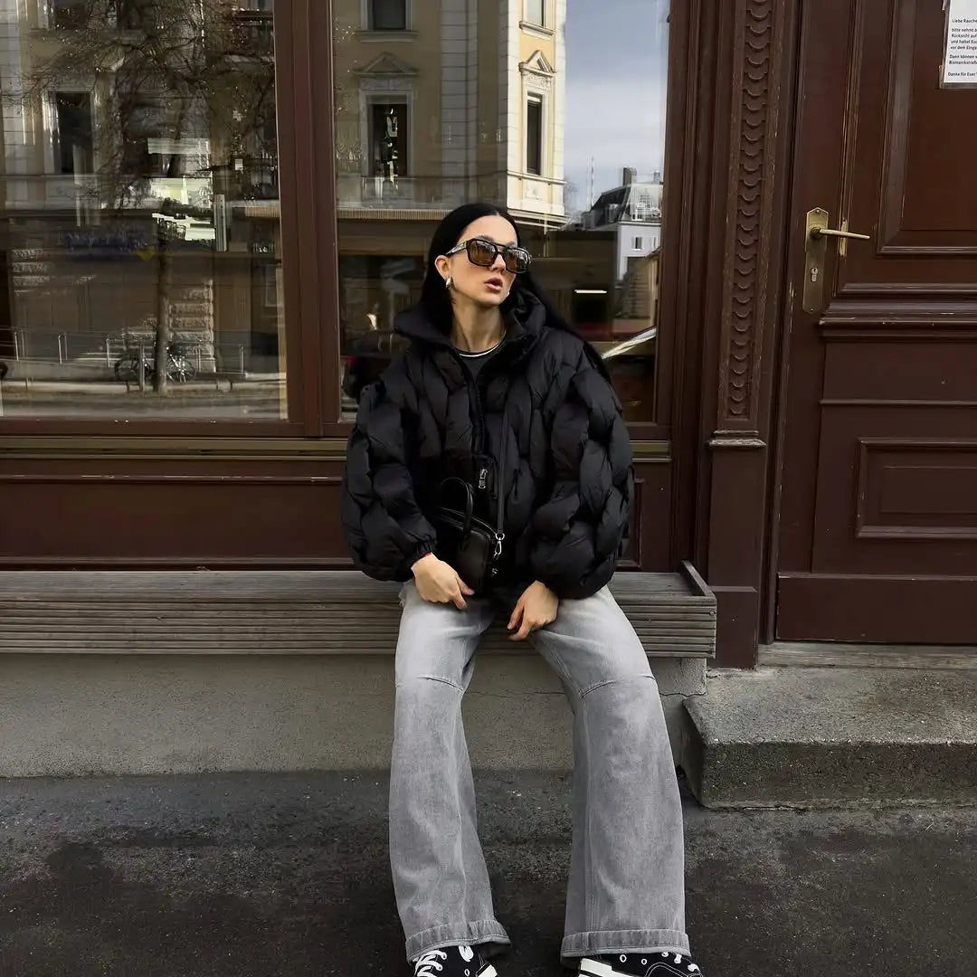 Women Fashion Solid Stand Collar Short Cotton Coat Casual Full Sleeve Zipper Pocket Loose Warm Jacket Lady Winter  Commute Wear