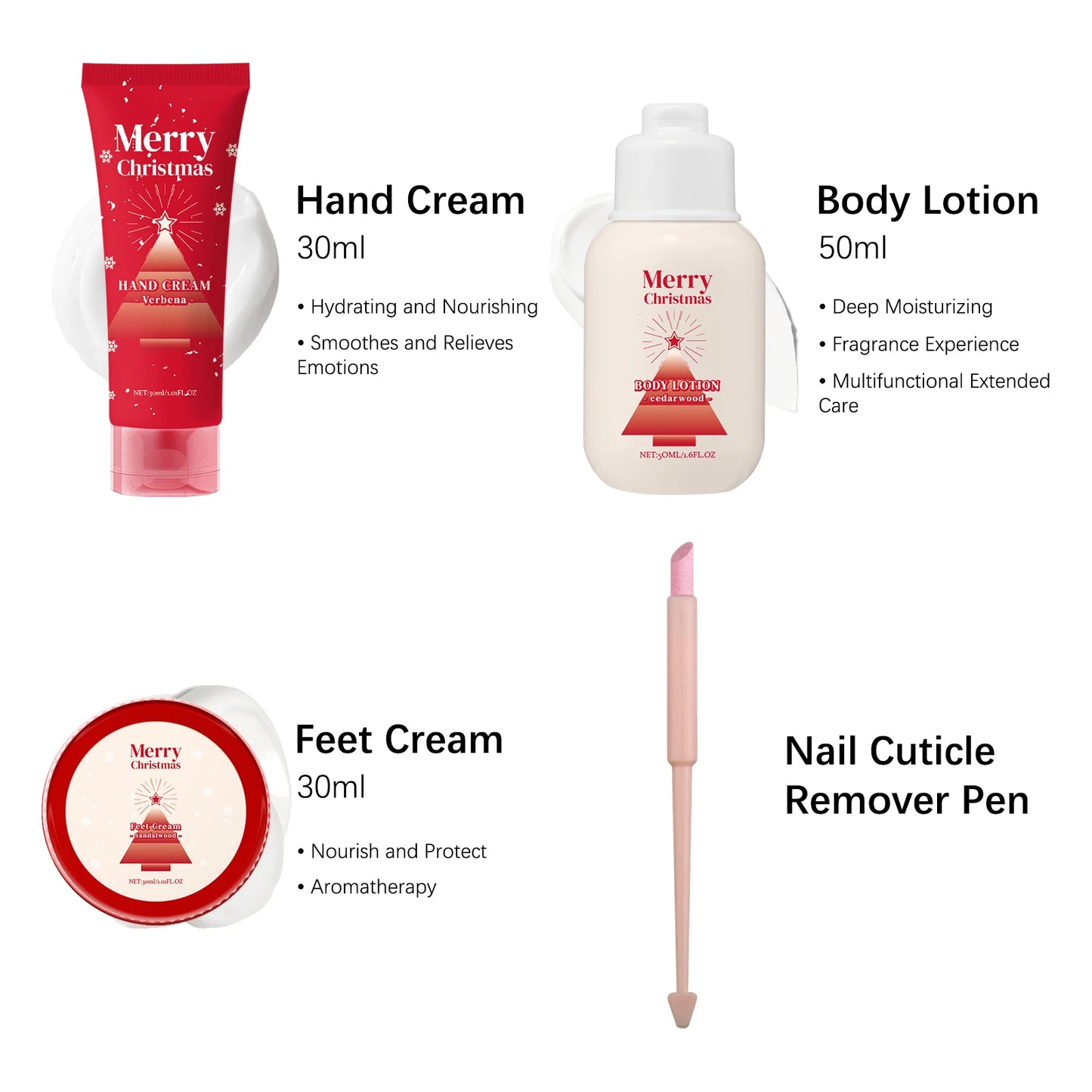 Merry Christmas 110ml Skin Care Gift Set - Hand Body Feet Cream with Nail Pen, Natural Verbena Cedarwood Sandalwood Fragrance