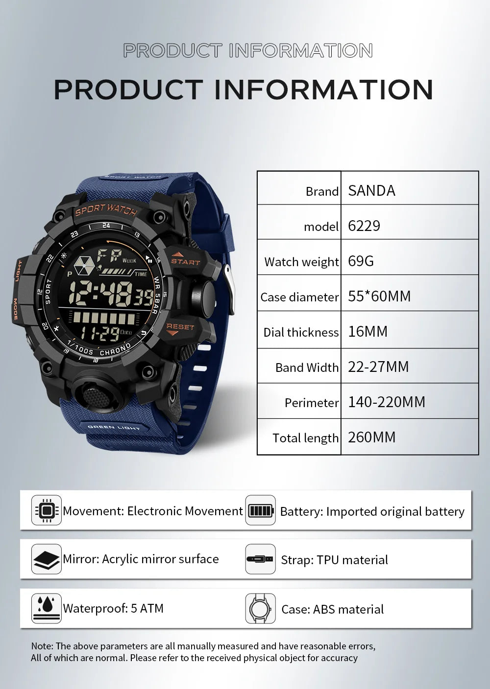 SANDA Outdoor Sports Men Watch Waterproof LED Analog Digital Show Multifunction Big Dial Electronic Wristwatch G style Male Cloc