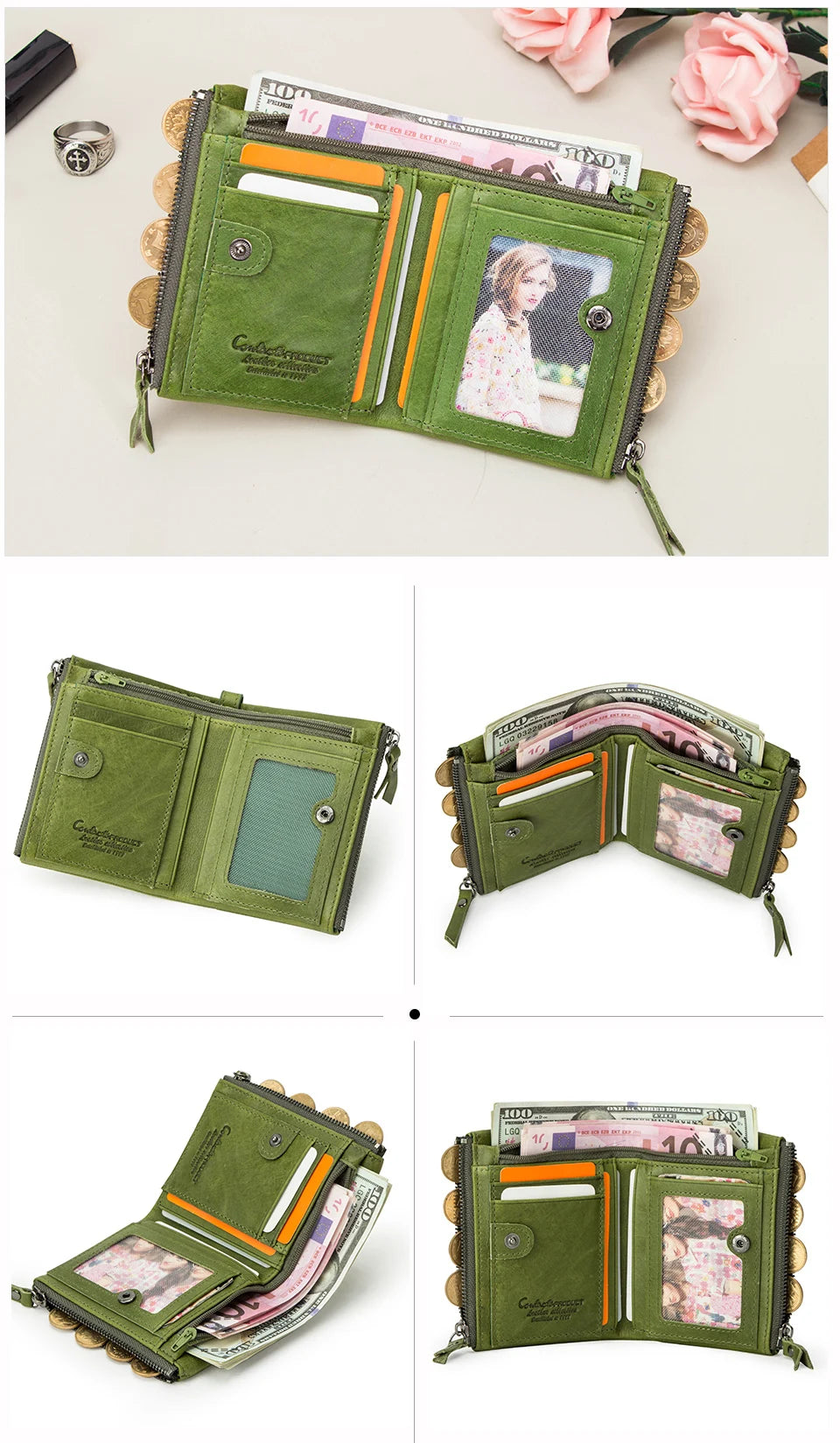 محفظة قصيرة من الجلد الأصلي للنساء من CONTACT'S، حامل بطاقات فاخر بتصميم محفظة عملات معدنية ومشبك نقود ومحفظة صغيرة للنساء والرجال