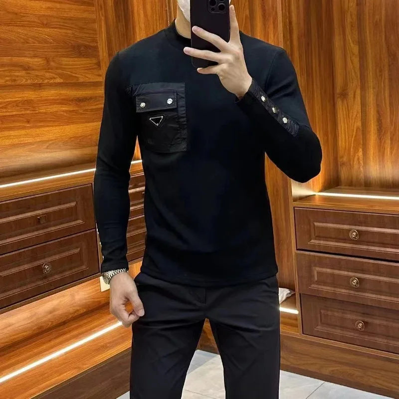 Fashion 2025 Men's Autumn Round Neck Long-sleeved T-shirt Versatile Fashion Black Personalized Base Shirt