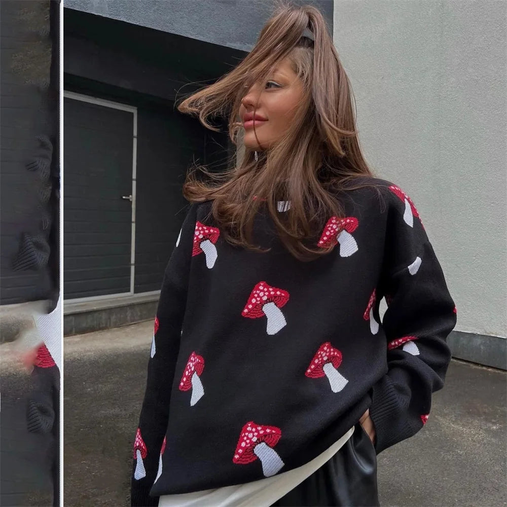 Women's Clothing Trend 2024 New Fashion Mushroom Graphic Print Sweater Long Sleeve Plus Size Tops Loose Casual Street Pullovers