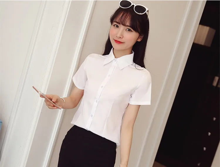 Fashion White Shirts Woman 2025 Autumn Short Sleeve Blouse Solid Ladies Tops OL Female Clothing  Basic Work Shirt Women's Blouse SwiftNest