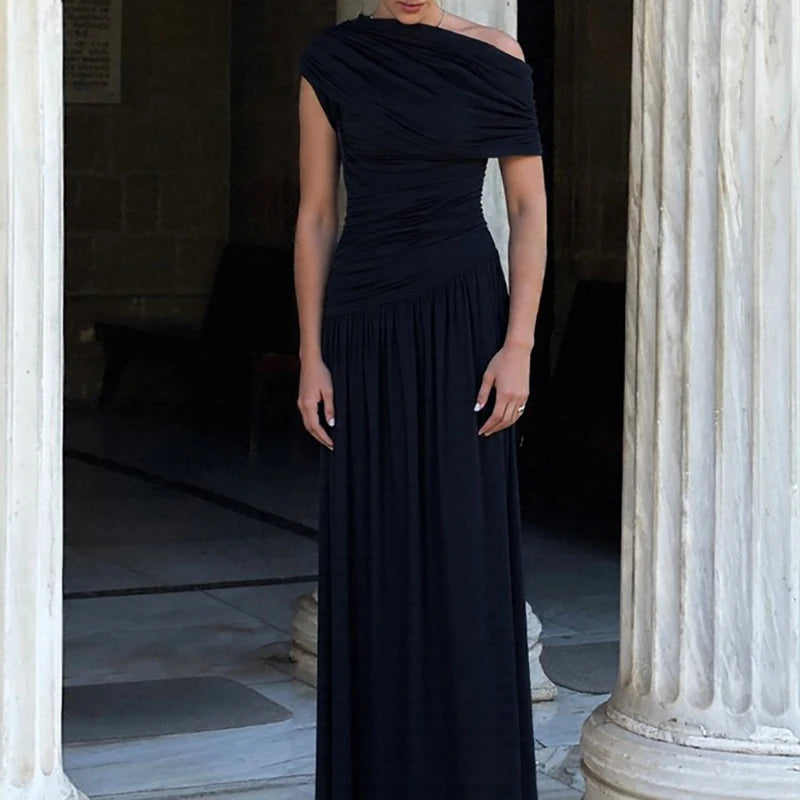 Women Fashion Hight Waist Pleat Solid Party Dress Summer Sexy Sleeveless Slim Maxi Dress Elegant Slant Neck Irregular Long Dress