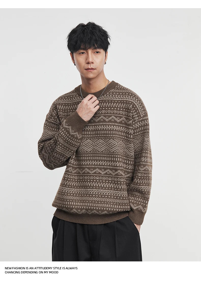 Fashion Men's Knitwear 2025 Autumn Winter New Season Lazy Fair Isle Contrast Retro Loose Crewneck Sweater Pullover
