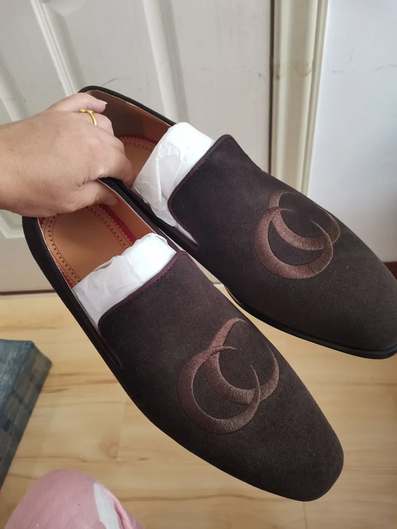 LOUBUTEN Men Suede Leather Shoes Fashion Embroidery Loafer Man Casual Shoes Handmade Dress Shoes Slippers Party Shoes