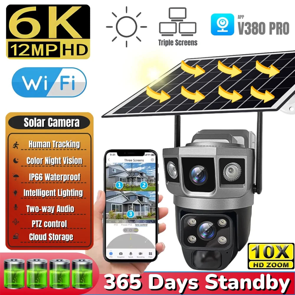V380pro 12MP 6K WIFI Camera Solar PIR Human Detection Night Vision Waterproof Security Video IP Camara Battery CCTV Monitor