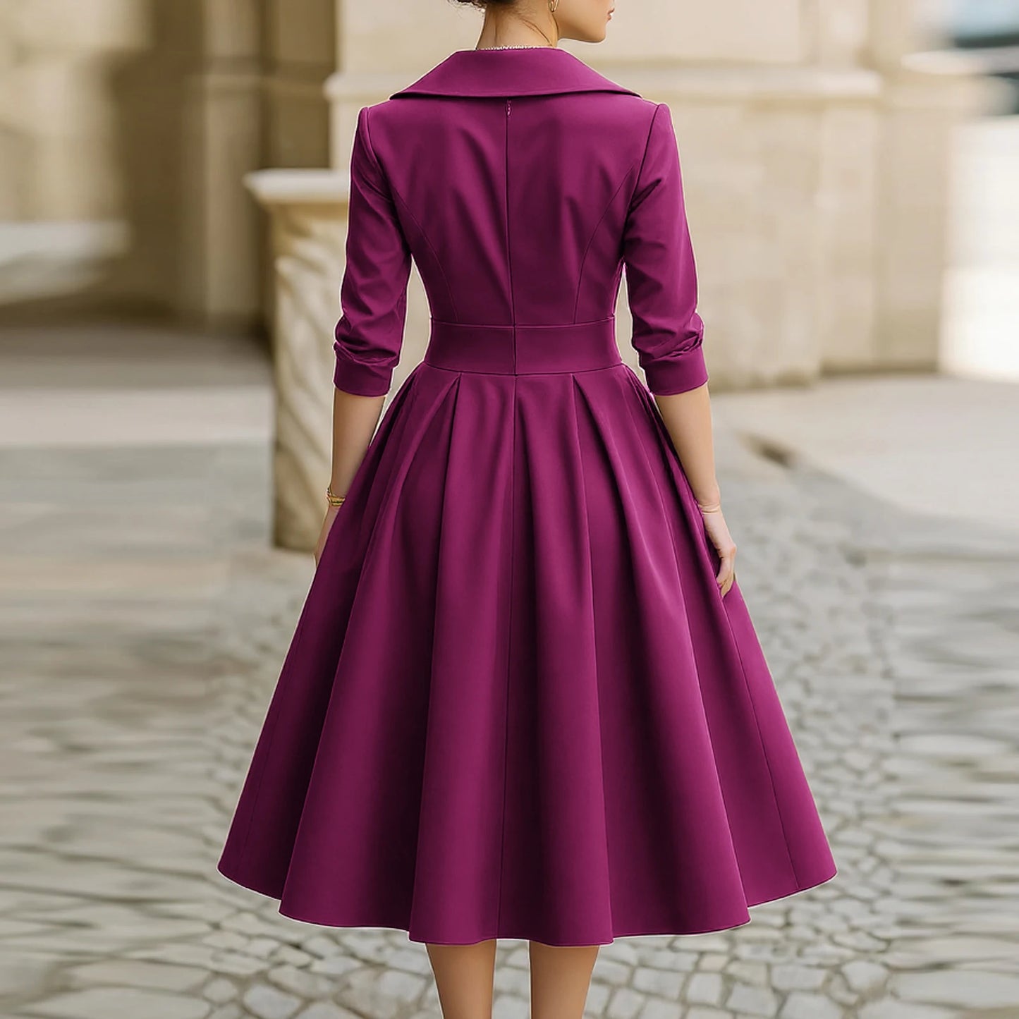 Women's Casual Fashion V-neck Retro Dress Elegant Waist Slimming Long-sleeved Party Dress Solid Color High Waist Commute Dress