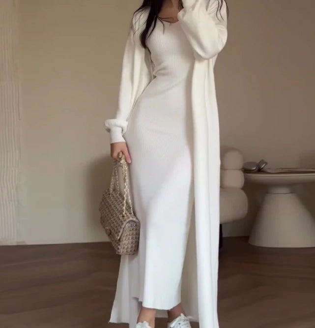 Women's Fashion Elegant Two piece Solid Color Lazy Style Long Sleeve Knitted Sweater Slimming Strap Long Skirt Set SwiftNest