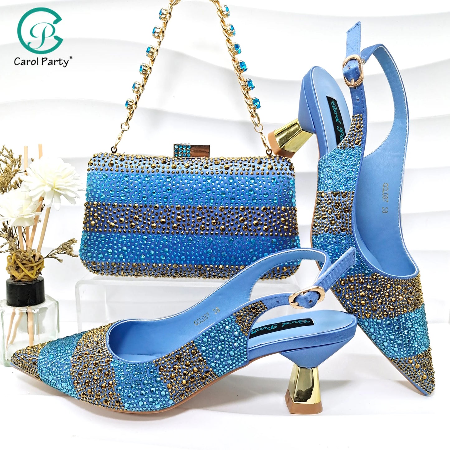 New Italian Design Stylish And Elegant Sky Blue Rhinestone Embellished Satin Pointy Toe Pumps And Clutch Bag