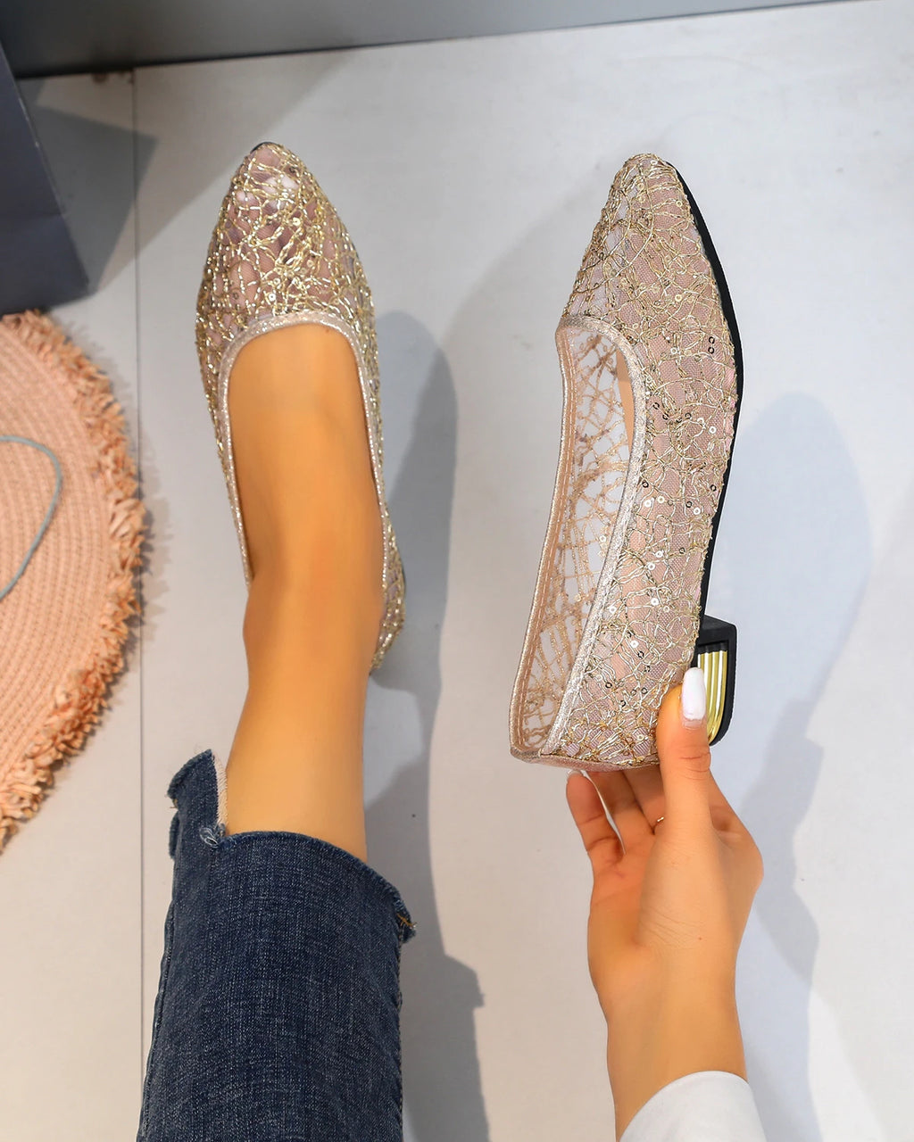 2024 Spring Summer Fashion New Casual Shallow Breathable High Heels Elegant Square Toe Thick Heel Mesh Women's Shoes NO:C1502