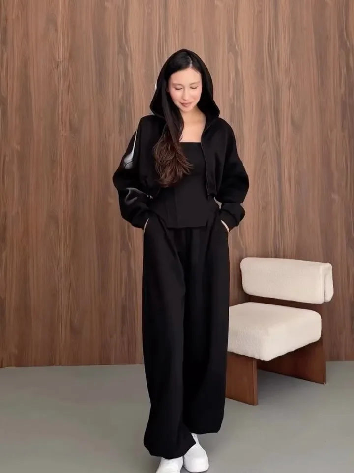 Women's clothing 2025 autumn new fashion hooded sweatshirt jacket vest wide leg pants three piece set