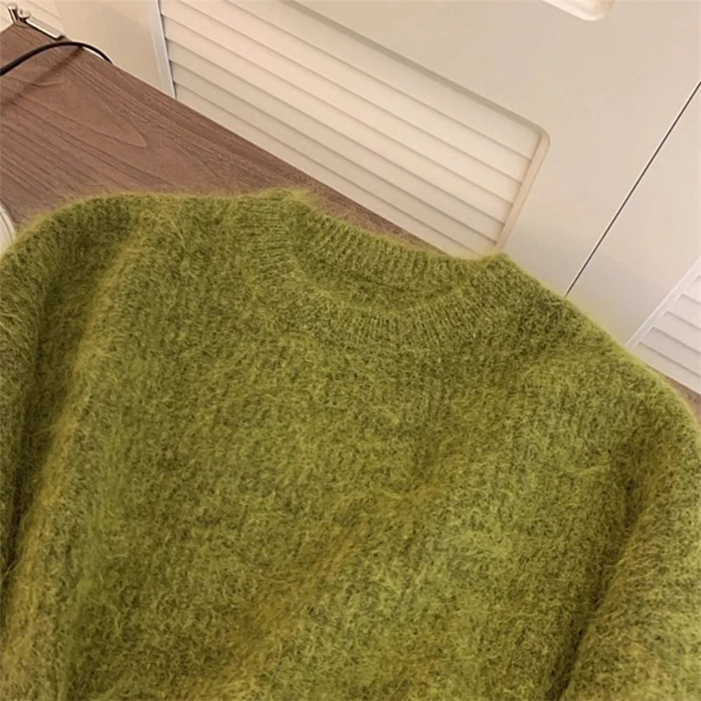 Women's Fashion Simple Casual Green Soft All Match Knitted Sweater Female O Neck Long Sleeve Loose Pullover Tops Sweaters Winter