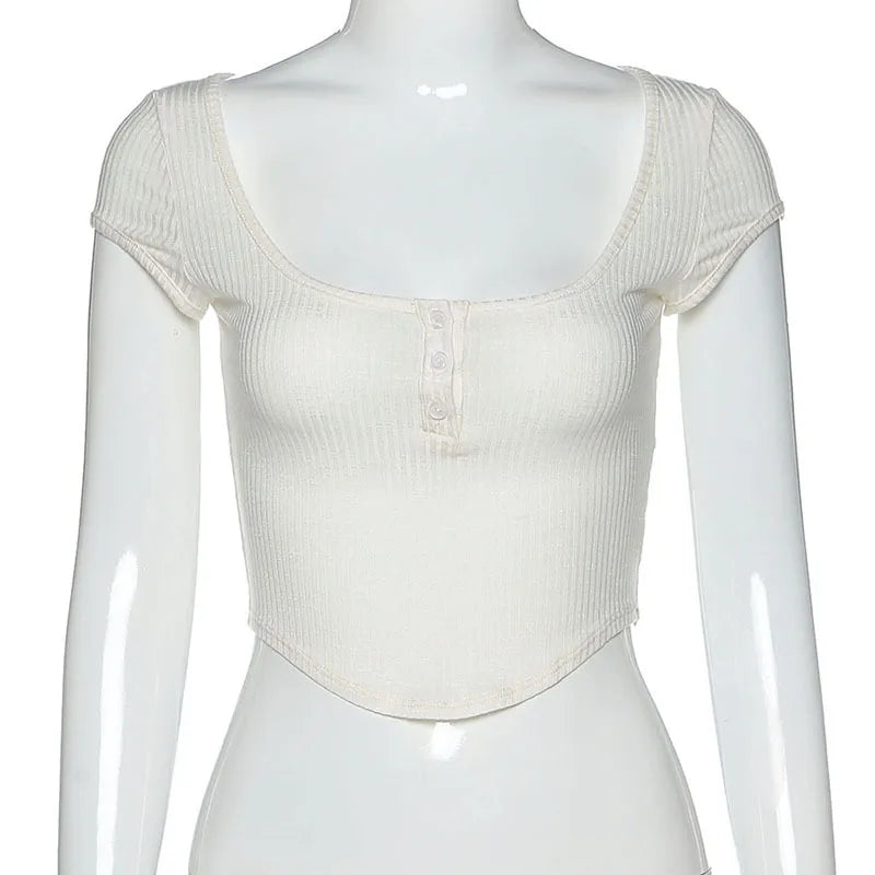 Women Summer Fashion Streetwear Sexy White Transparent Crop Tops Buttons V Neck Short Sleeve Pullover Slim T Shirts Club Party SwiftNest