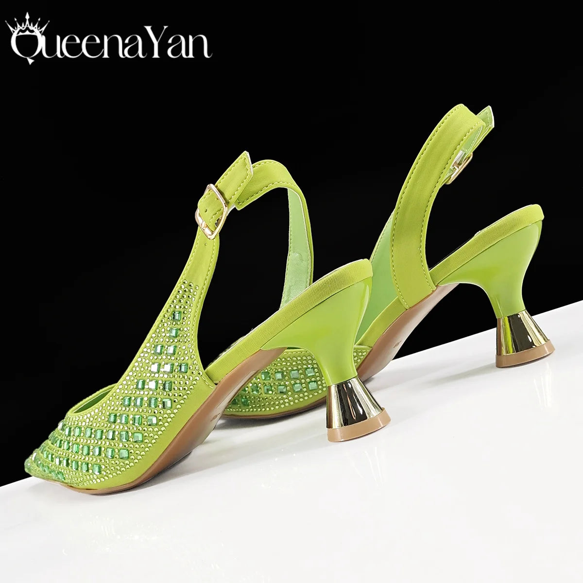 Queena Yan Italian Design Rhinestone Luxury Green Colour Pointed Toe Shoe & Bag Set Women's High Heels for Parties High Quality