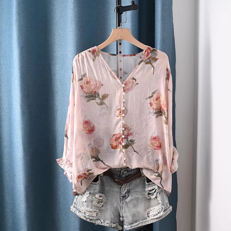 2025 Autumn clothes woman French fashion v neck rose floral print shirts and blouses for women vintage ladies tops