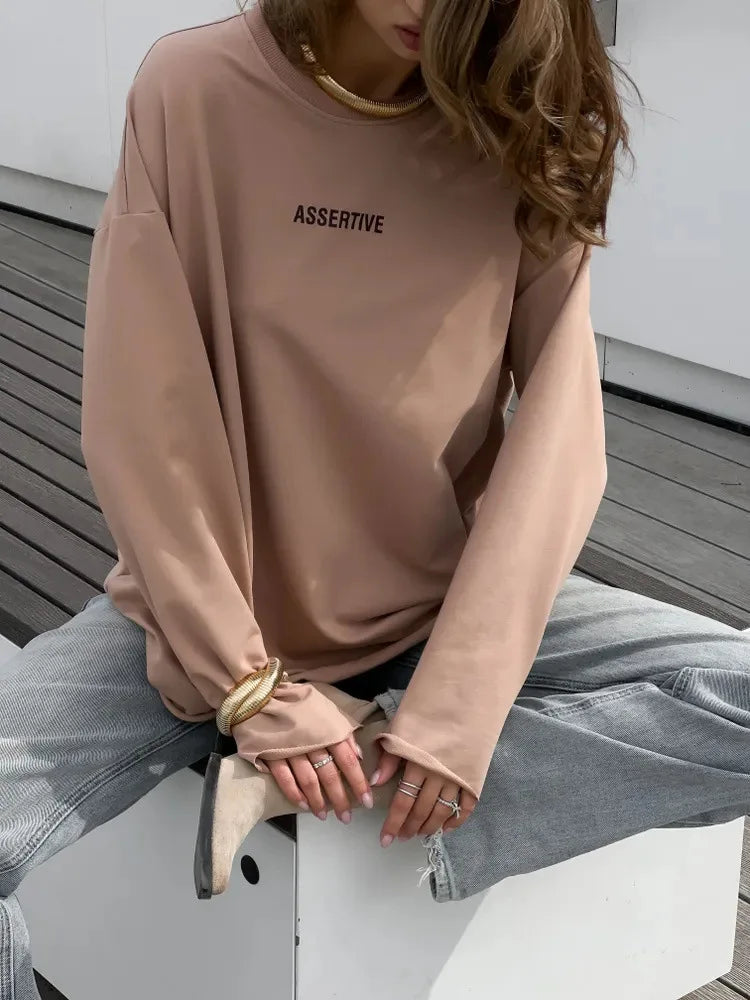 Women's Clothing Spring Loose Solid Color Round Neck Long Sleeve Tops Casual Fashion Simple Style All-match Trendy Comfortable